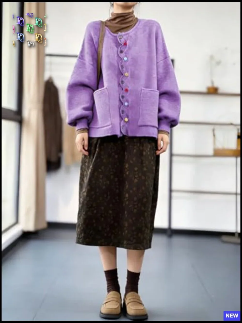 Loose Knit Cardigan Oversized Puff Sleeve Button Sweater Top with Pockets - Picture 2 of 6